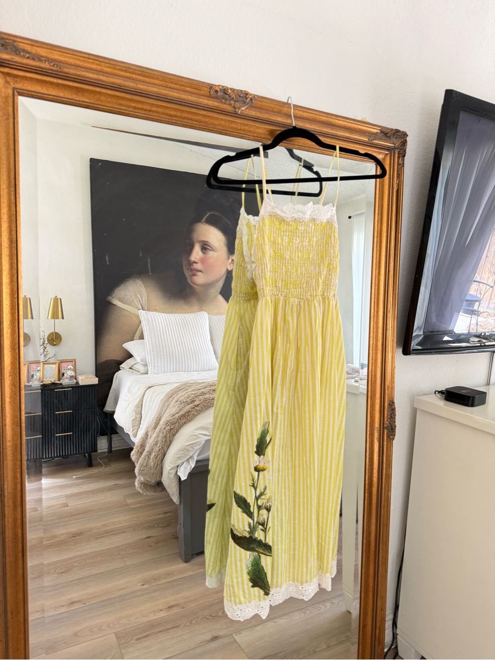 Anthropologie Yellow Striped Lace-Trim Midi Dress